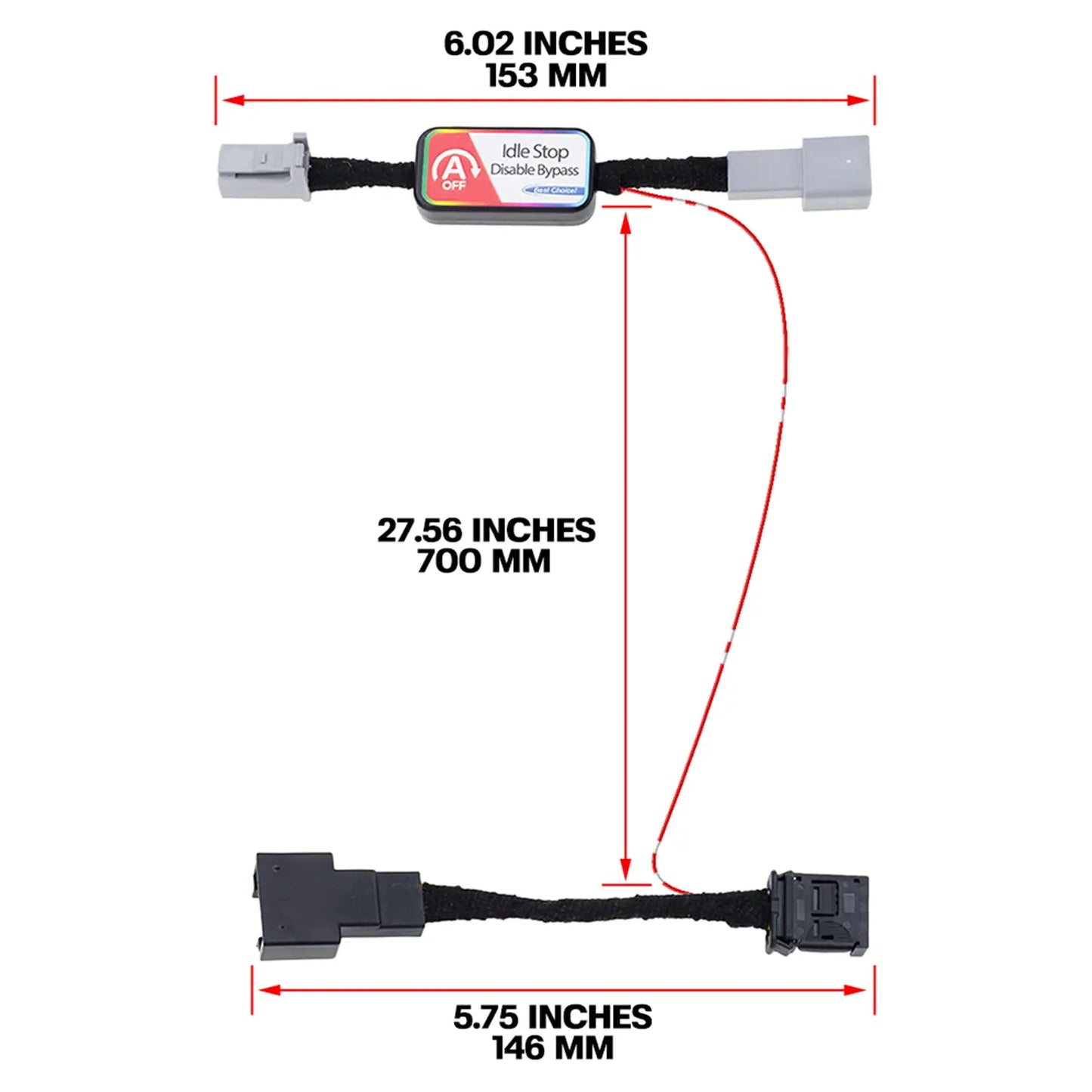 The "Idle Stop Disable Bypass" device has dimensions of 6.02 inches (153mm) for the central unit, 27.56 inches (700mm) for the connecting wire, and 5.75 inches (146mm) for the other end.