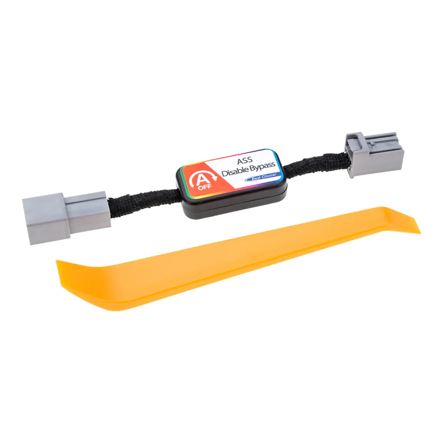 A black ASS Disable Bypass device with "A OFF" and "First Choice" labels, featuring gray connectors on both ends, used for automotive applications. A removal tool is included in the package.
