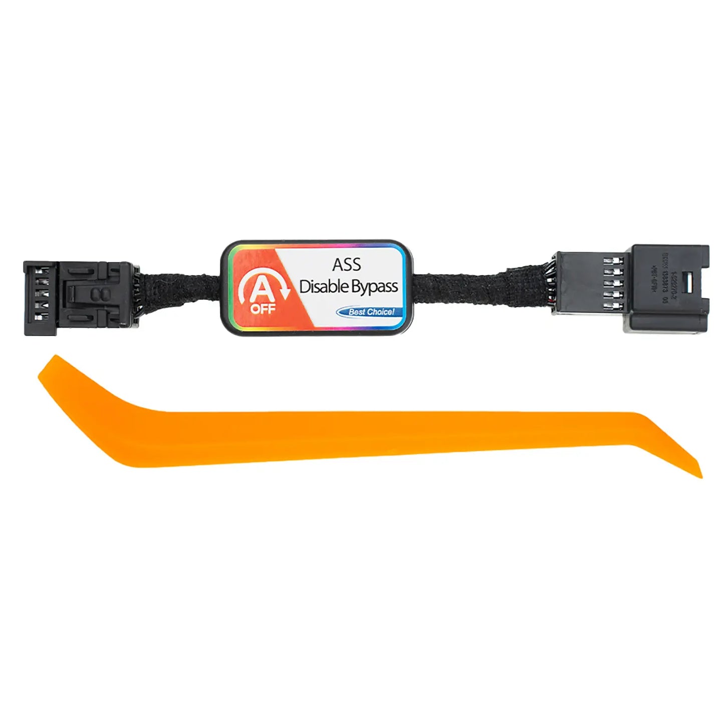 Car ASS Disable Bypass device with black connectors, labeled "ASS Disable Bypass." An orange removal tool is included in the package.