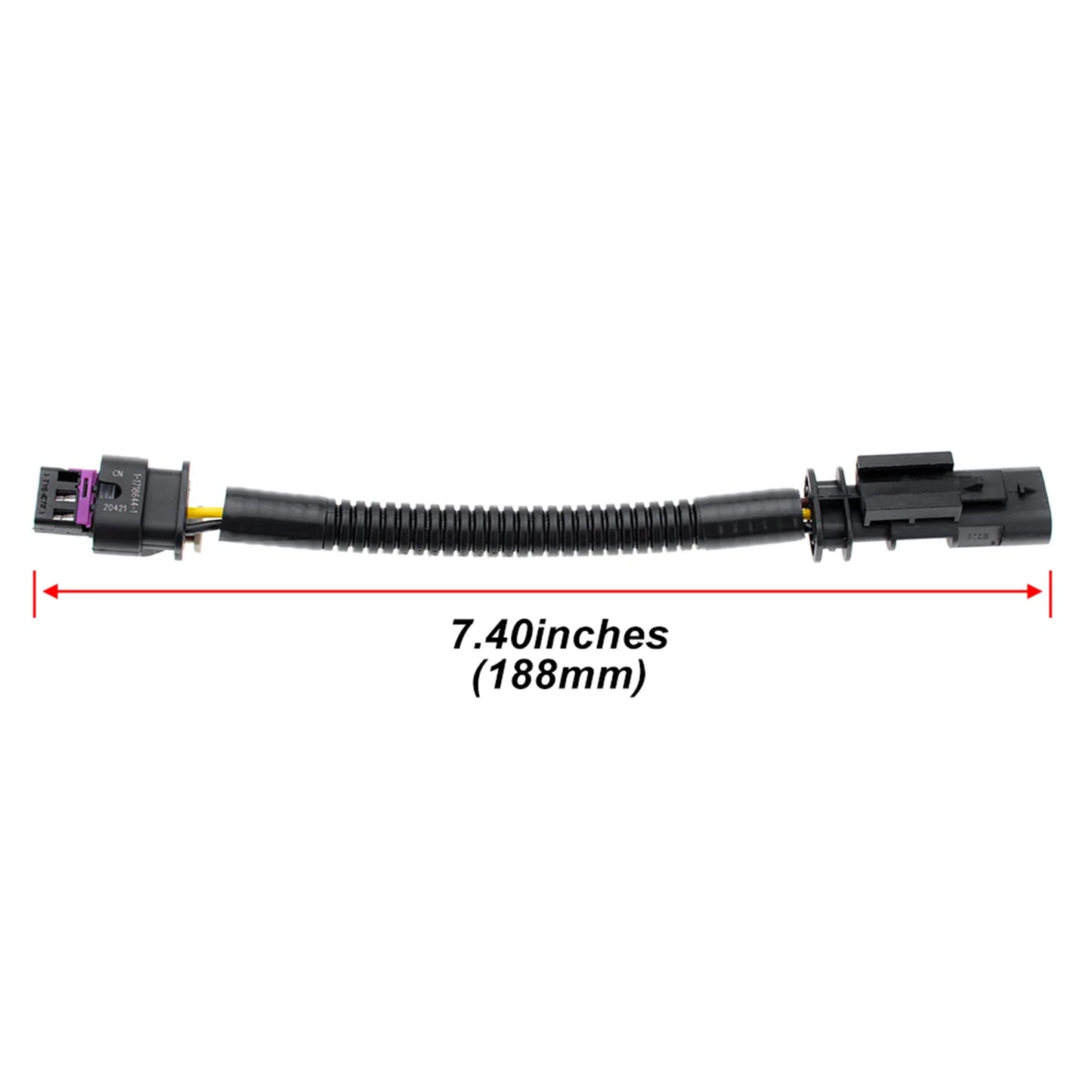 A black flexible cable with a rectangular connector featuring a purple mark on one end and a circular connector on the other, measuring 7.40 inches (188mm) in length.