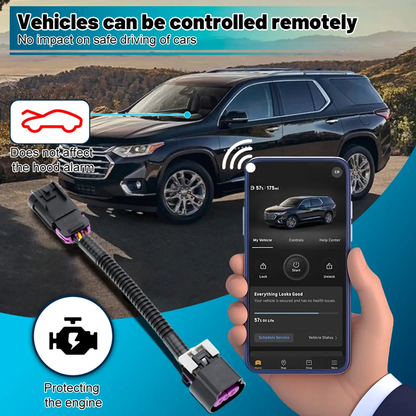 A remote control module for vehicles, protects the engine, ensures safe driving, and doesn't affect the hood alarm. Compatible with smartphone apps for easy control.