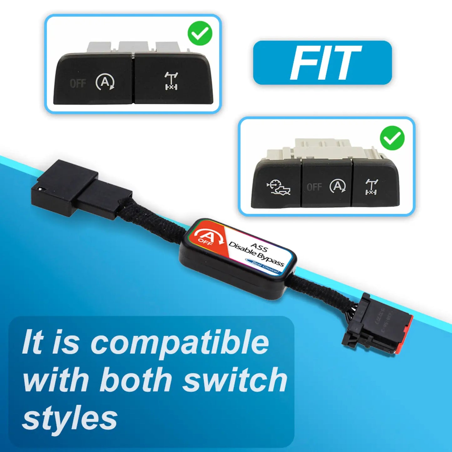 Black car bypass connector with two plugs and a labeled control box, compatible with both switch styles for disabling ASS system.