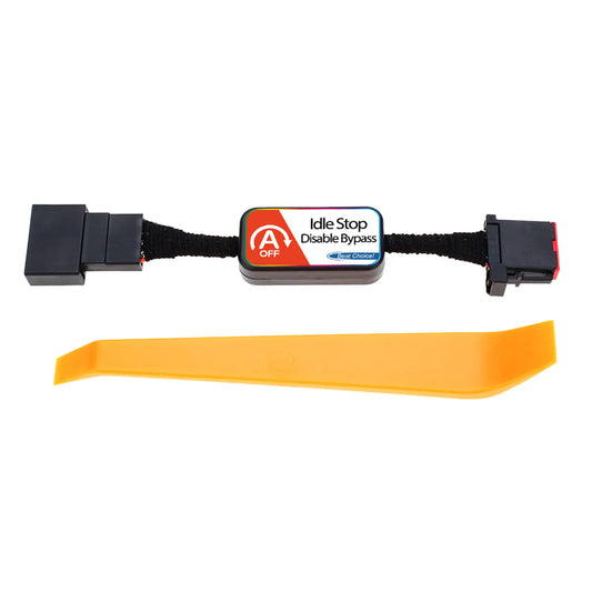 Idle Stop Disable Bypass Device, black cable with connectors, labeled with "Idle Stop Disable Bypass" and "Best Control." An orange plastic removal tool is included in the package.