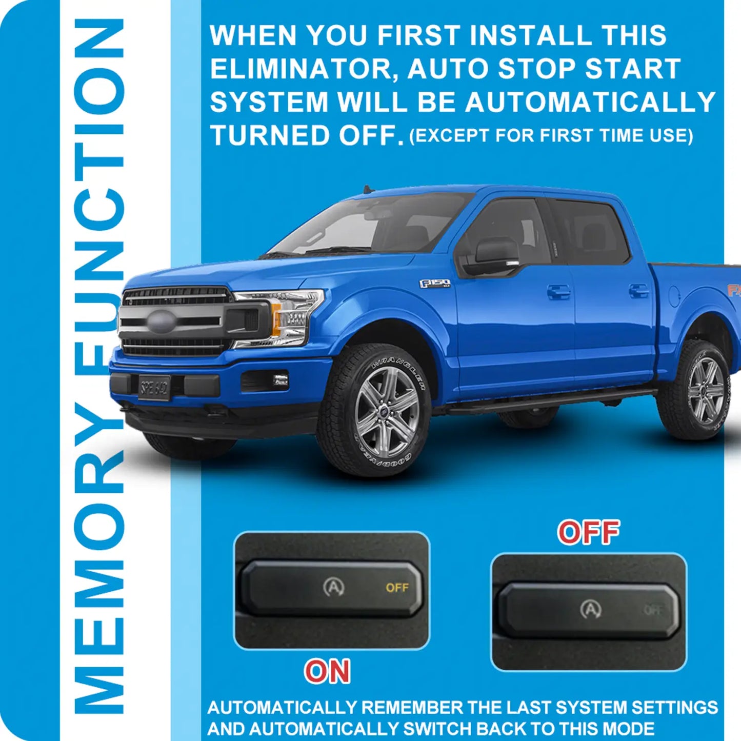Automotive device disables auto stop start system, remembers settings with memory function, shown with blue truck and on/off switches.
