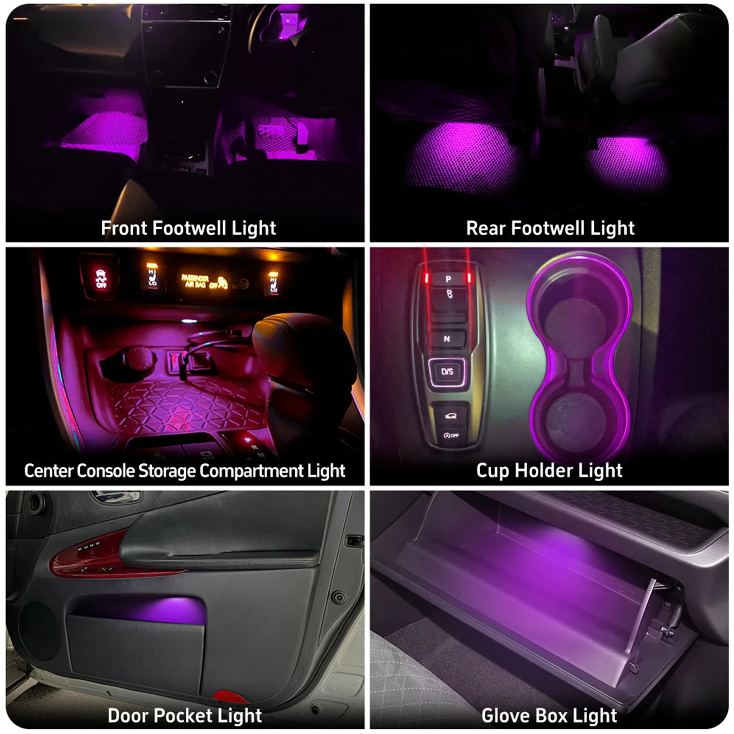 A collage showcasing various interior ambient LED lights for a vehicle, including front and rear footwell lights, center console storage compartment light, cup holder light, door pocket light, and glove box light, all illuminated in shades of purple.