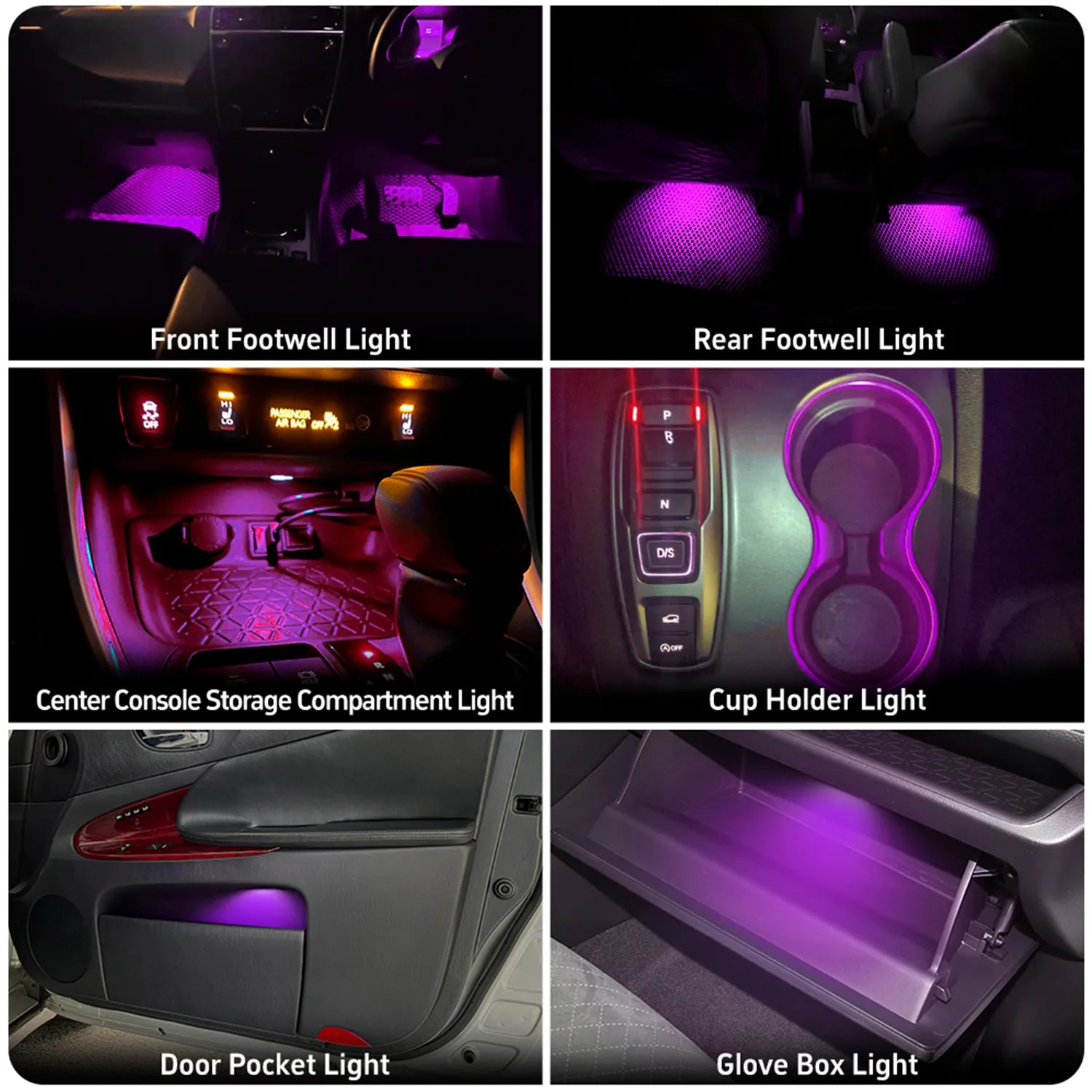 A collage showcasing various interior ambient LED lights for a vehicle, including front and rear footwell lights, center console storage compartment light, cup holder light, door pocket light, and glove box light, all illuminated in shades of purple.