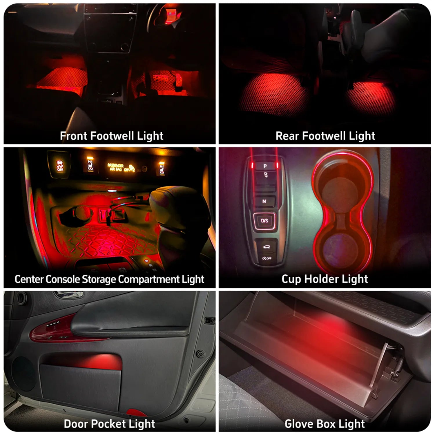 A collage showcasing various interior ambient LED lights for a vehicle, including front and rear footwell lights, center console storage compartment light, cup holder light, door pocket light, and glove box light, all illuminated in shades of red.