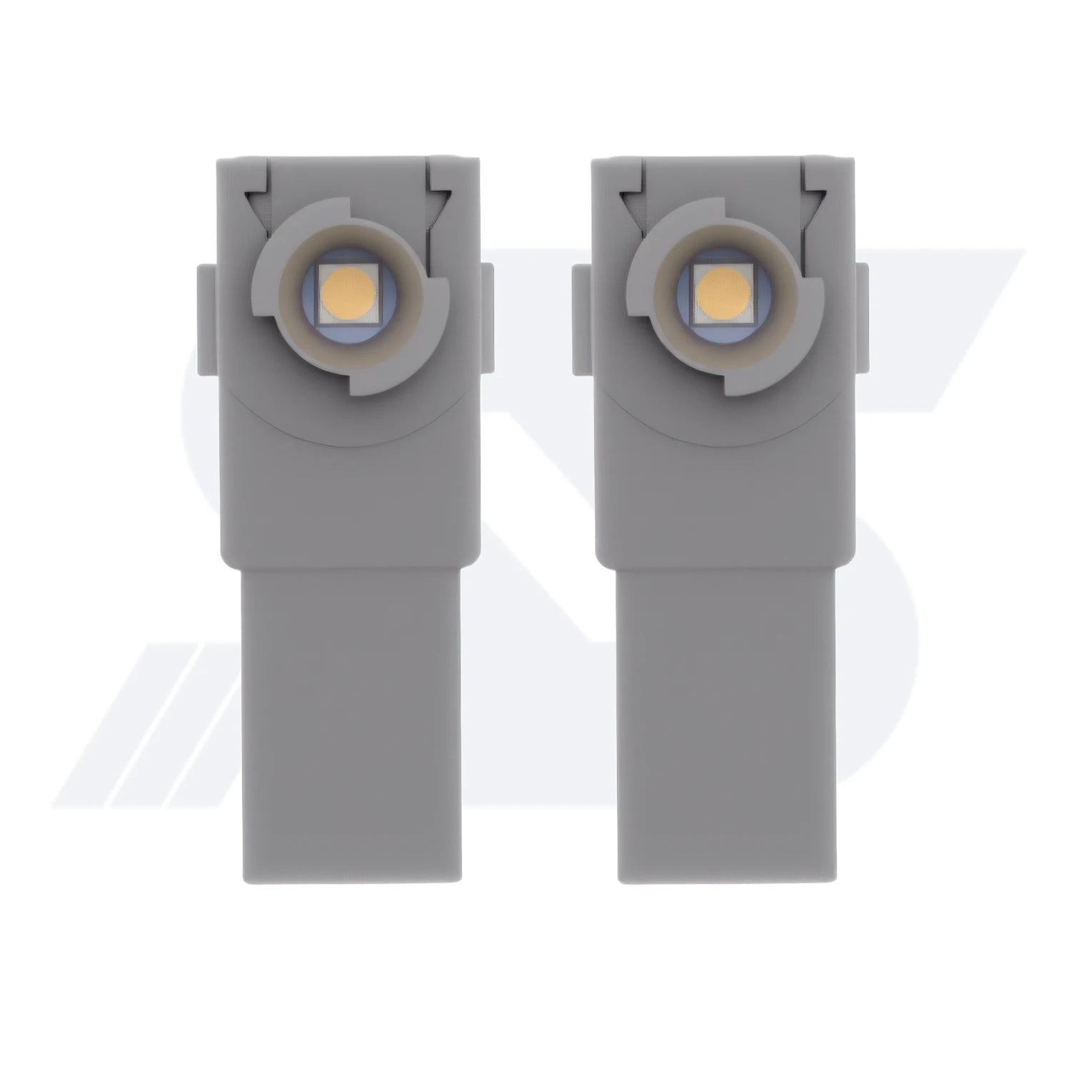 Two gray plastic objects with circular tops, featuring a 5050SMD light orange LED chip.