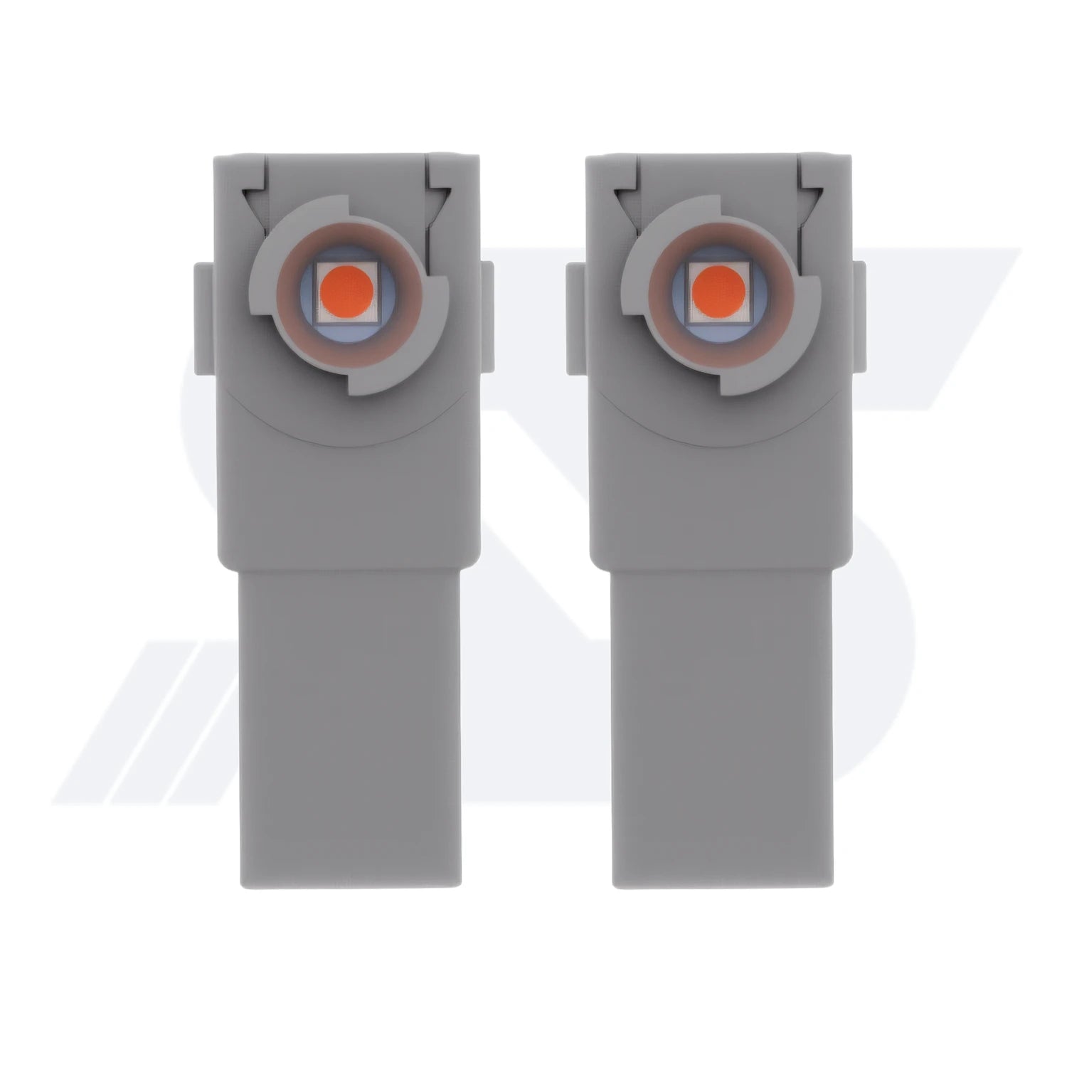 Two gray plastic objects with circular tops, featuring a 5050SMD orange LED chip.