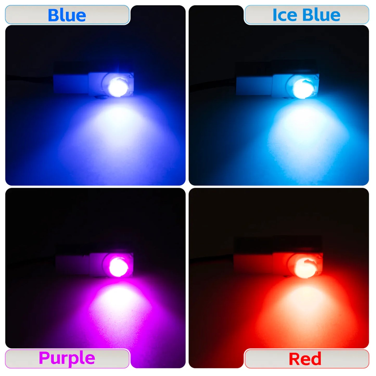 A display of four LED lights in blue, ice blue, purple, and red, each emitting a bright glow to showcase their color effects for vehicle interior illumination.