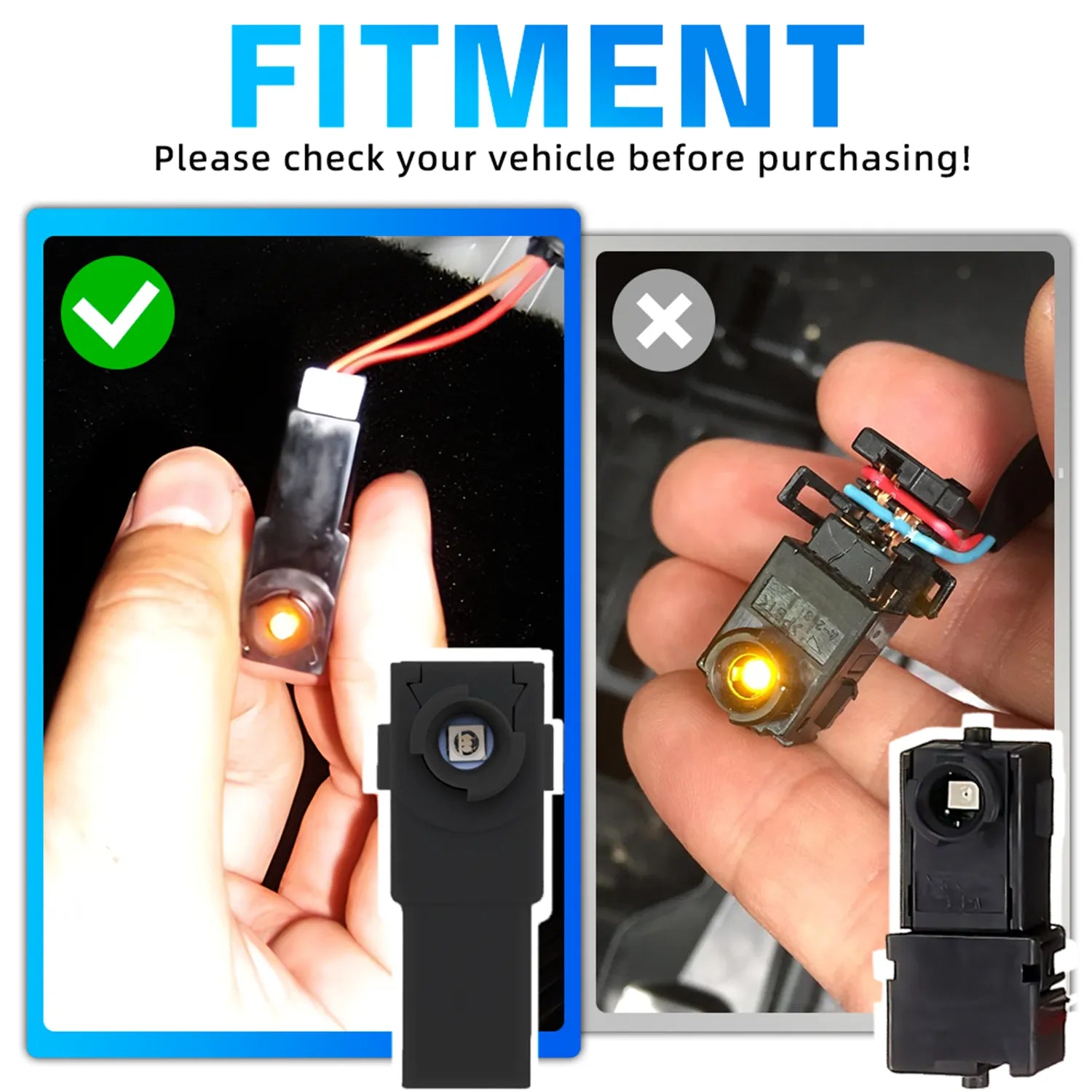 A diagram showing vehicle part fitment, with a correct and incorrect example, urging viewers to check compatibility before purchasing.