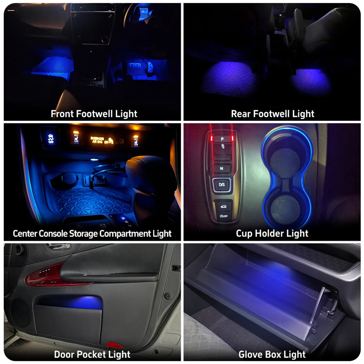 A collage showcasing various interior ambeint LED lights for a vehicle, including front and rear footwell lights, center console storage compartment light, cup holder light, door pocket light, and glove box light, all illuminated in shades of blue.