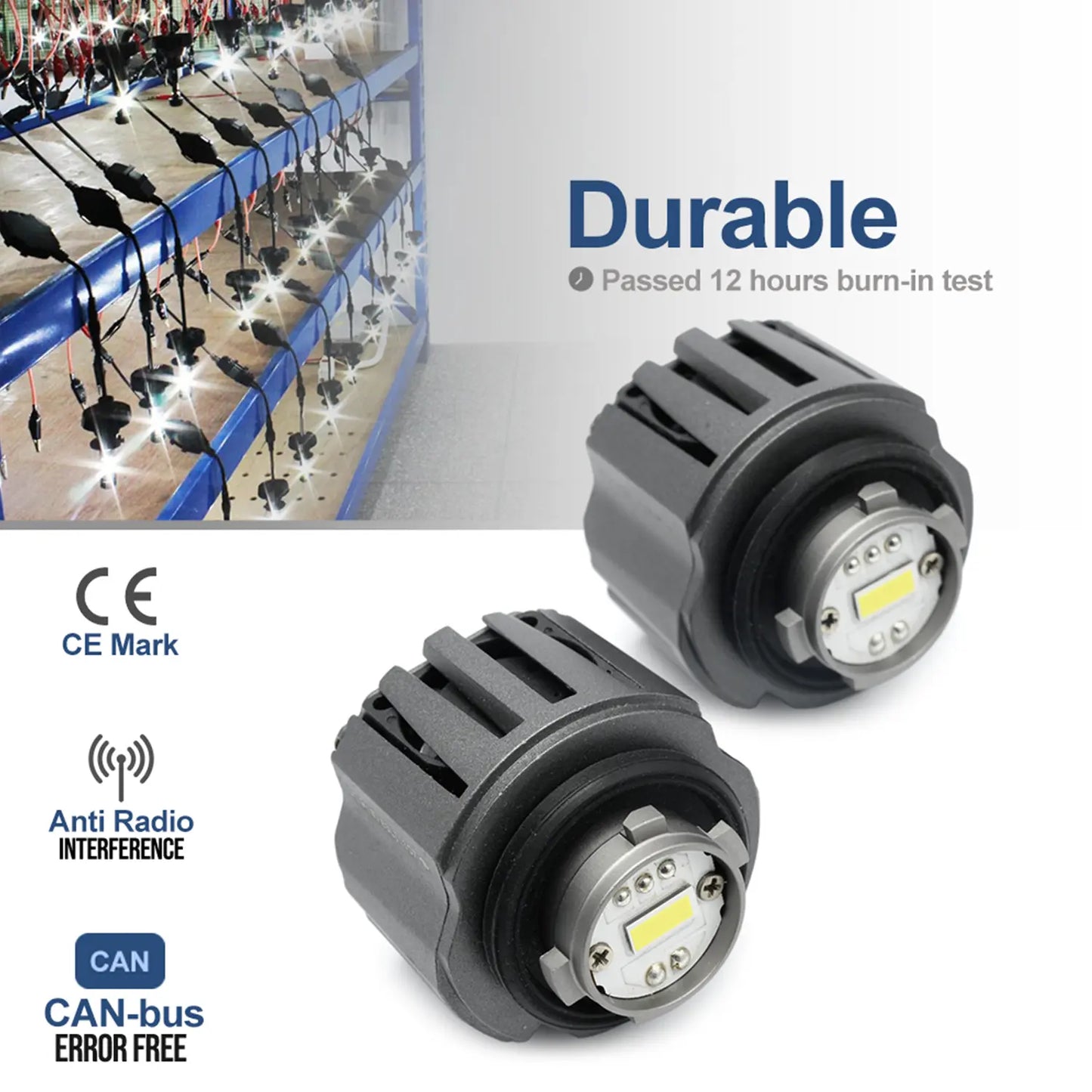 A pair of LW5B LED DRL bulbs, durable with CE mark, anti-radio interference, CAN-bus error-free, passed 12-hour burn-in test.