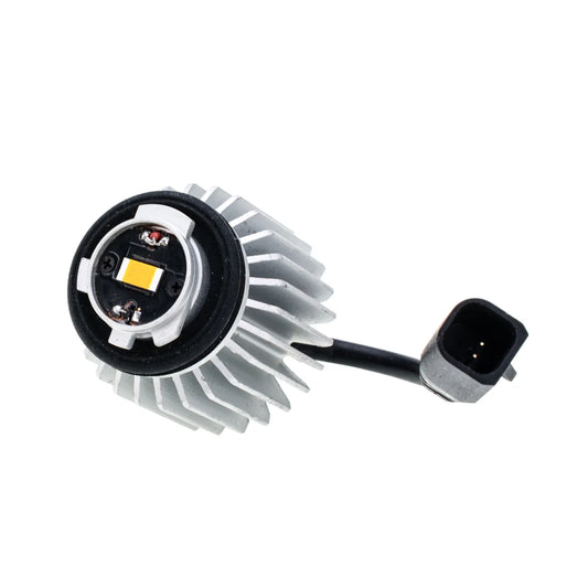 An LED LY5B light bulb with aluminum heat sinks and an LED yellow chip, features a black 2-pin connector.