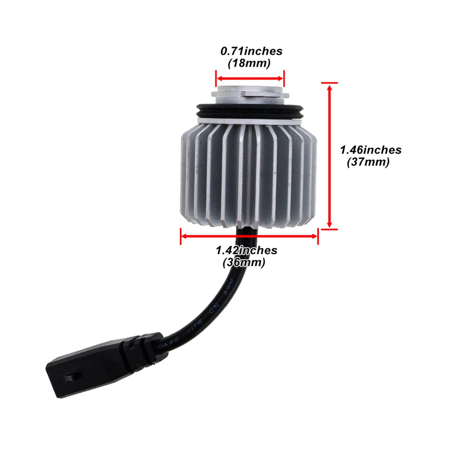 An LED LY5B light bulb with aluminum heat sinks, features a black connector. Dimensions: 1.42 inches (36mm) diameter, 1.46 inches (37mm) height.