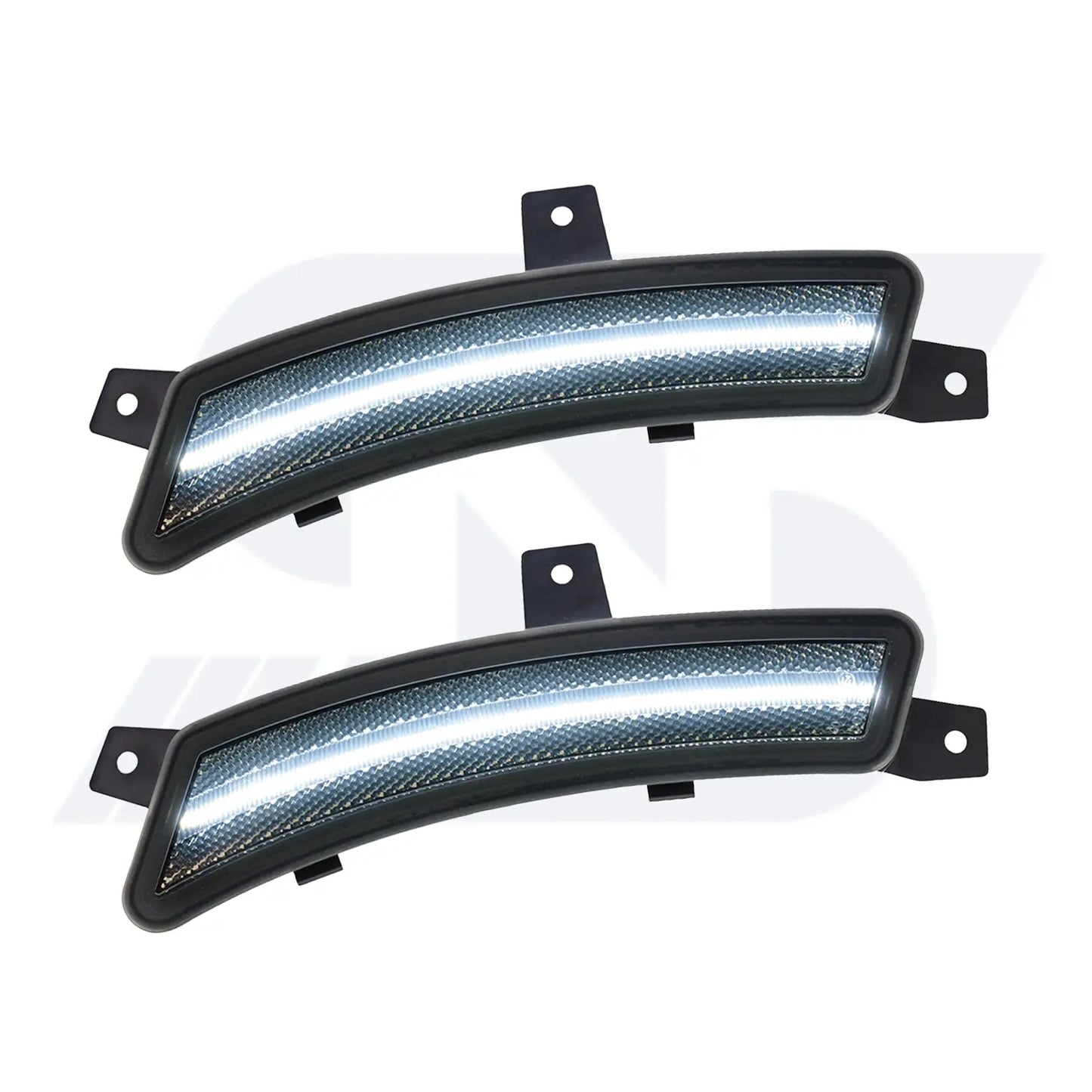 Pair of white LED side marker lights with sleek curved design, black mounting brackets, and bright illuminated strip, suitable for automotive exterior upgrade and improved visibility.