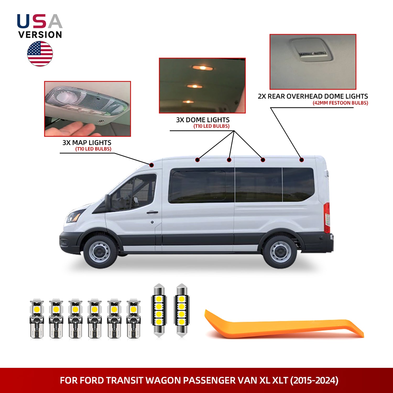 Kit d'éclairage intérieur à LED pour fourgonnette de tourisme Ford Transit Wagon 2015-2024