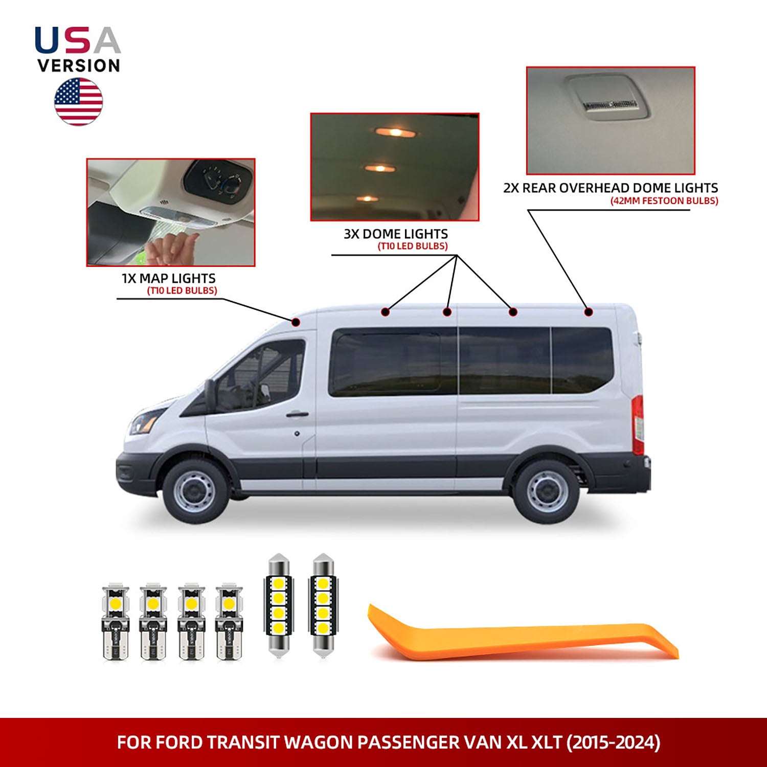 Kit d'éclairage intérieur à LED pour fourgonnette de tourisme Ford Transit Wagon 2015-2024