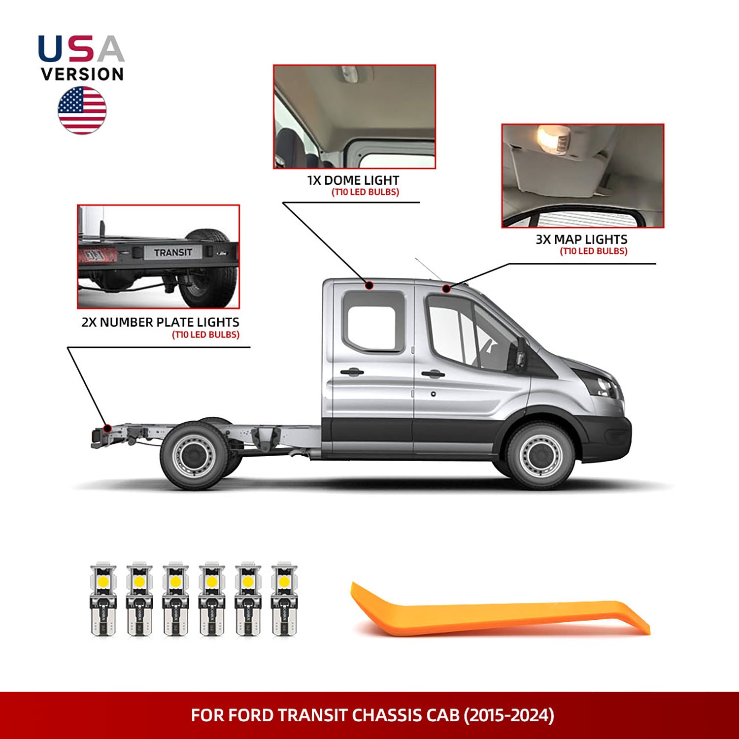 Kit d'éclairage intérieur à LED pour châssis-cabine Ford Transit 2015-2024