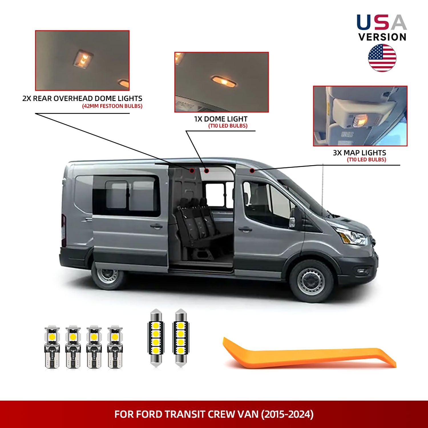 Kit d'éclairage intérieur à LED pour fourgonnette Ford Transit Crew 2015-2024