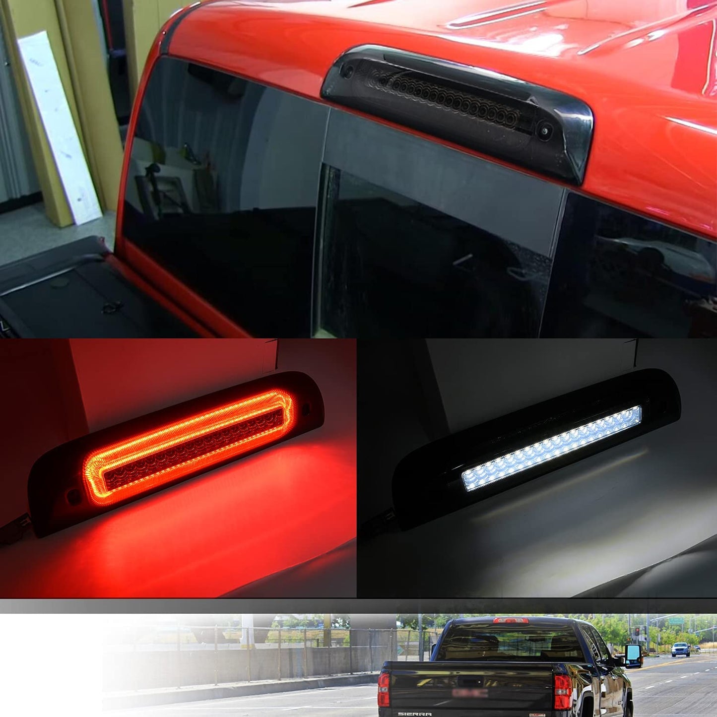 Led Third Brake Light Replacement for 2014-2018 Chevy Silverado GMC Sierra 1500 2500HD 3500HD Red LED Strobe Rear 3rd Brake Center High Mount Stop Lamp + White Cargo Light Kit Euro Smoked Lens - NS Auto Lighting