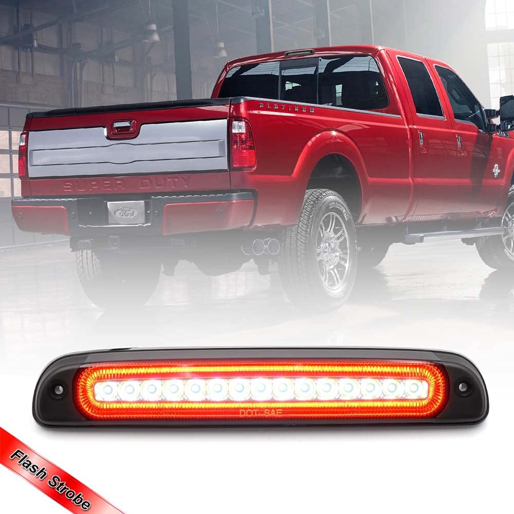 Led Third Brake Light Replacement for 1999-2016 Ford F250 F350 Super Duty 95-03 Ranger Red LED Strobe Rear 3rd Brake Center High Mount Stop Lamp + White Cargo Light Kit Euro Smoked Lens - NS Auto Lighting