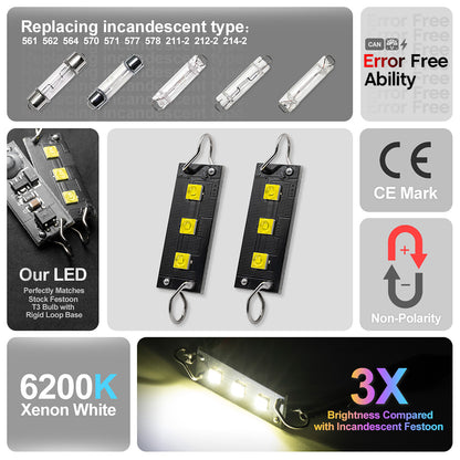 44mm 5050 3SMD Rigid Twisted Loop Festoon LED Interior Map Dome Reading Light Bulbs