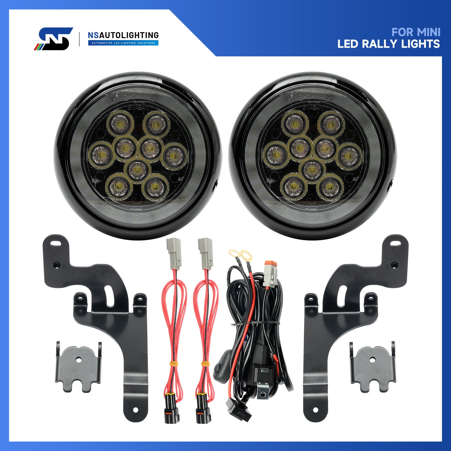 Black Finish LED Halo Rally Driving Lights For 2001-2008 Mini Cooper - NS Auto Lighting