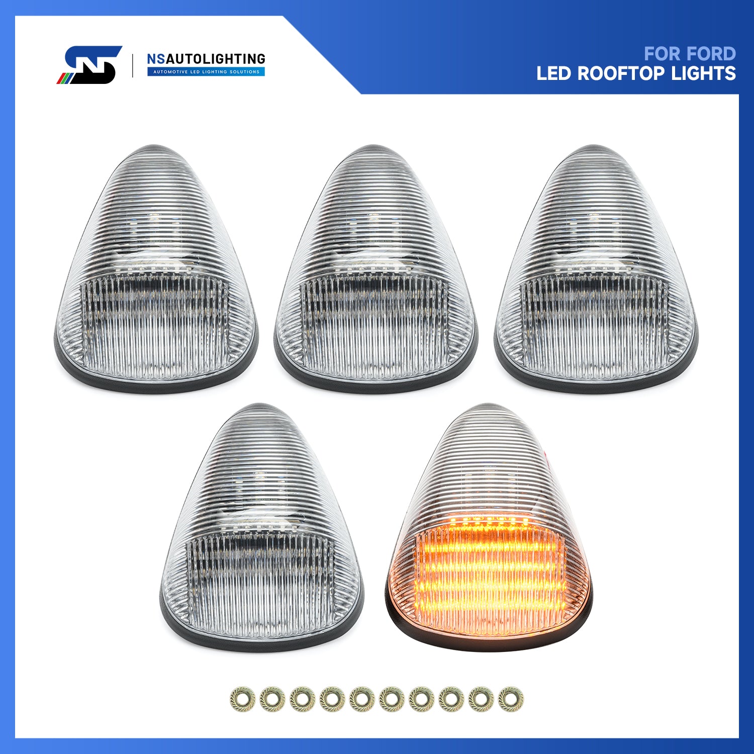 Clear Lens Amber LED Cab Roof Lights For 1999-2016 Ford Super Duty, etc. - NS Auto Lighting