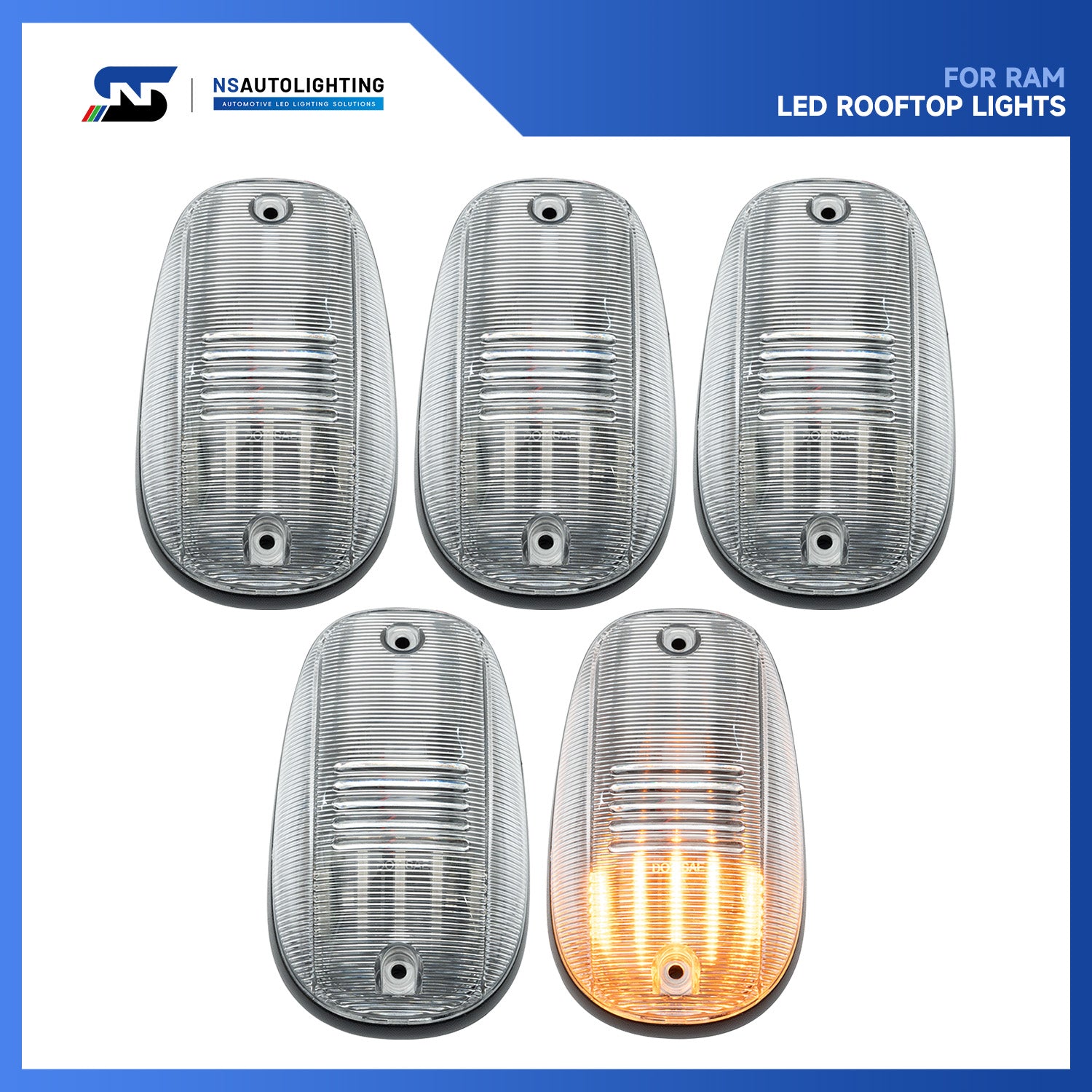 Clear Lens Amber LED Cab Roof Lights For 2003-2018 Dodge Ram, etc. - NS Auto Lighting