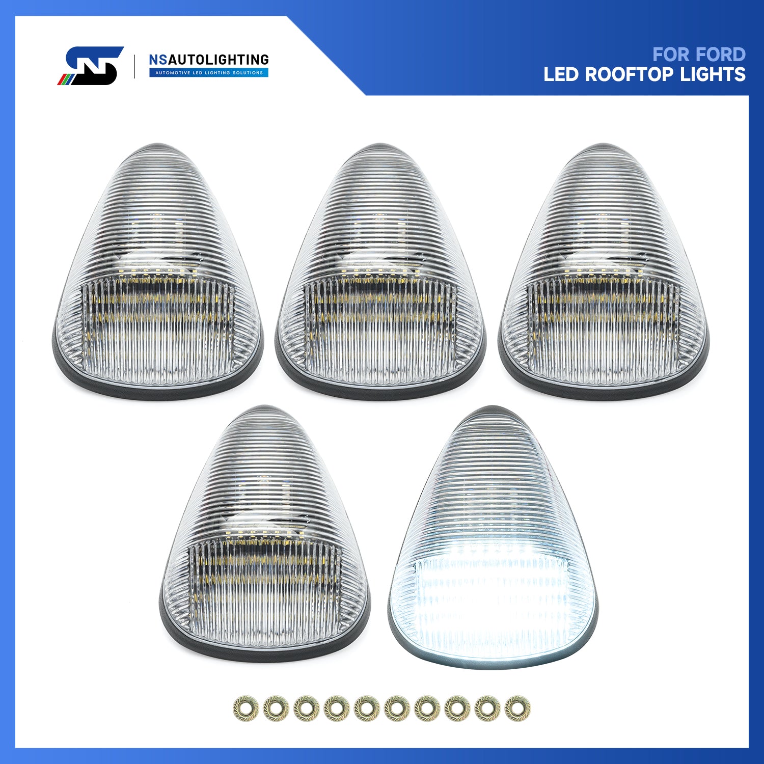 Clear Lens White LED Cab Roof Lights For 1999-2016 Ford Super Duty, etc. - NS Auto Lighting