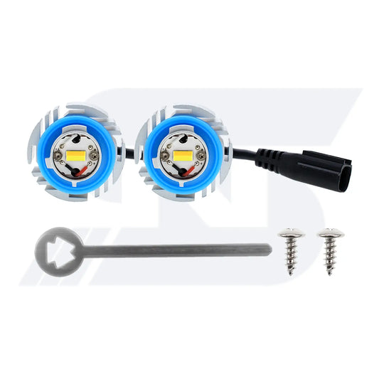 A pair of L1B LED light bulbs with aluminum heat sinks and LED chips, including an installation tool for easy mounting.