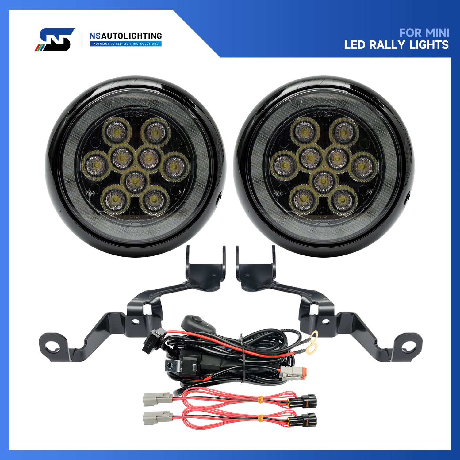 Black Finish LED Halo Rally Driving Lights For 2007-2015 Mini Cooper, etc. - NS Auto Lighting