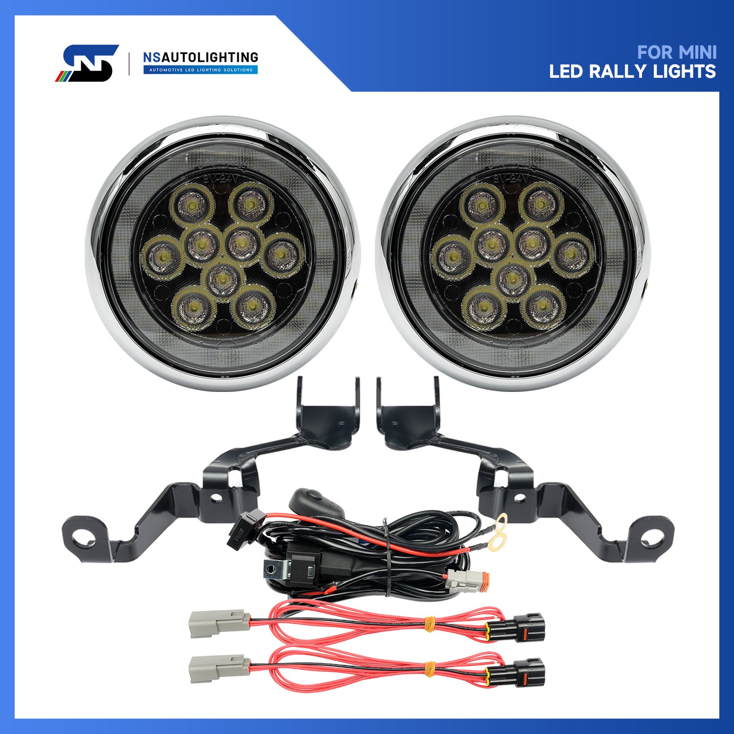 Chromed Finish LED Halo Rally Driving Lights For 2007-2015 Mini Cooper, etc. - NS Auto Lighting