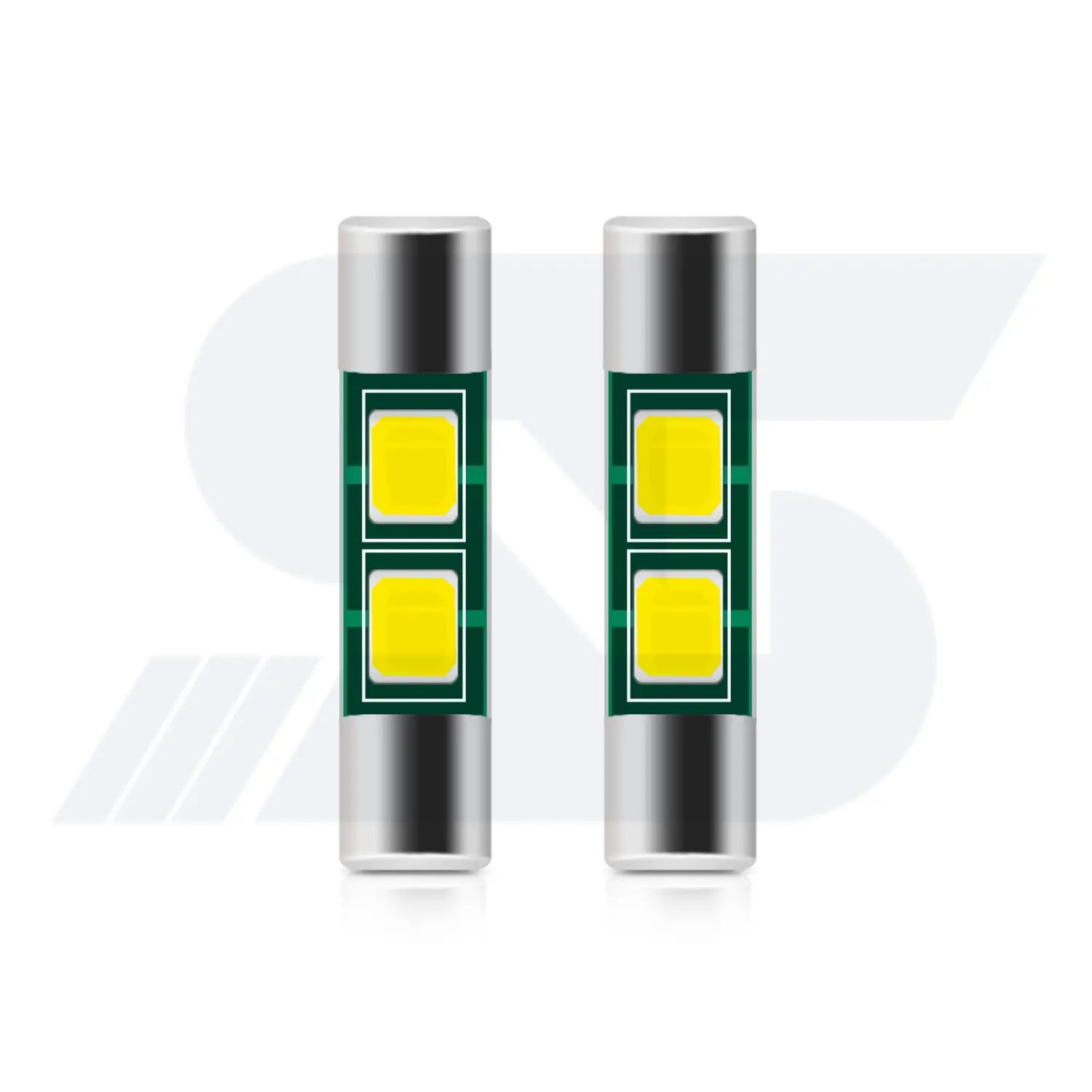 Two cylindrical LED car bulbs with silver ends and dual yellow light panels on a green circuit board, displayed side by side on a white background.