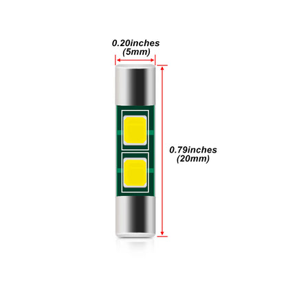 Single cylindrical LED fuse bulb with metallic ends and two yellow light chips on a green board, labeled dimensions 0.79 inches length and 0.20 inches diameter.