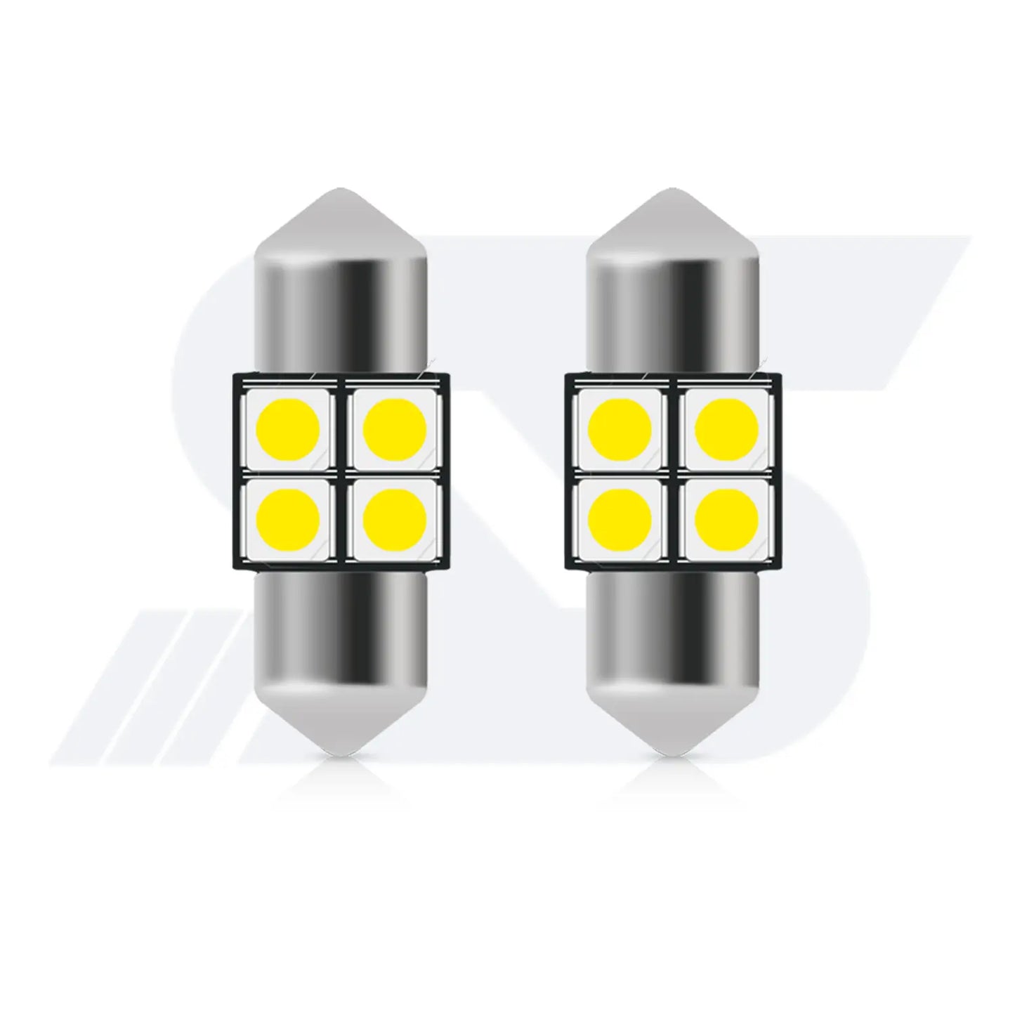 Two cylindrical festoon-style LED car bulbs with metallic pointed ends, each featuring four yellow LED chips arranged in a square grid on a black circuit board.