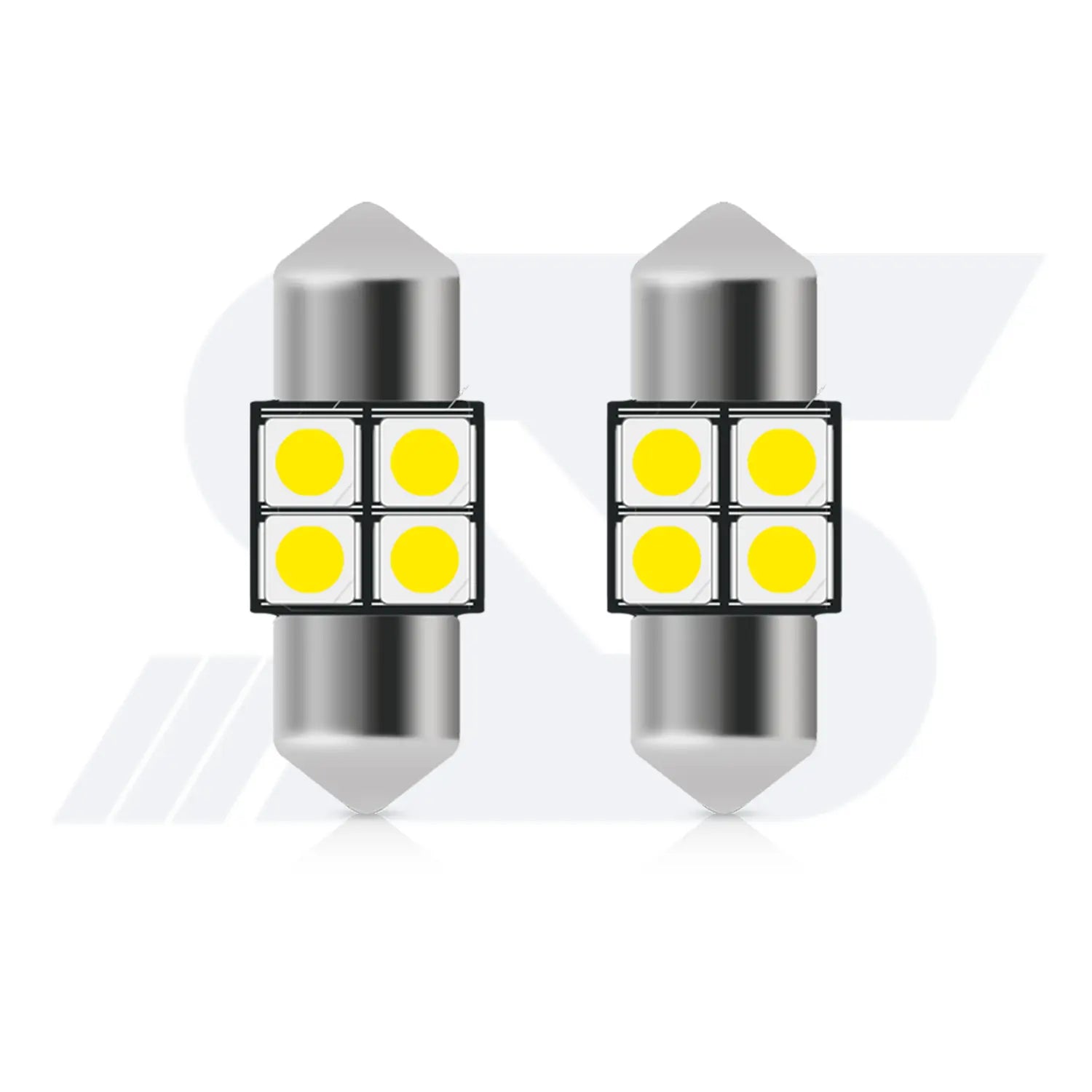 Two cylindrical festoon-style LED car bulbs with metallic pointed ends, each featuring four yellow LED chips arranged in a square grid on a black circuit board.