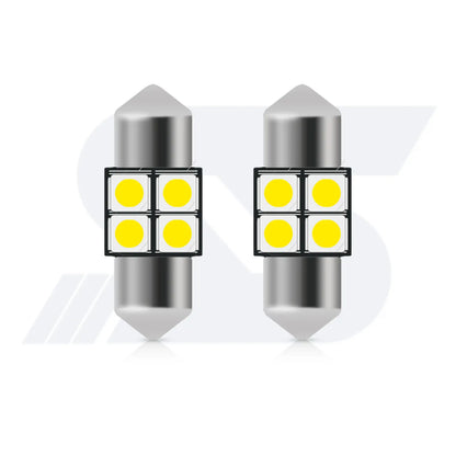 Two cylindrical festoon-style LED car bulbs with metallic pointed ends, each featuring four yellow LED chips arranged in a square grid on a black circuit board.