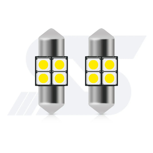 Two cylindrical festoon-style LED car bulbs with metallic pointed ends, each featuring four yellow LED chips arranged in a square grid on a black circuit board.