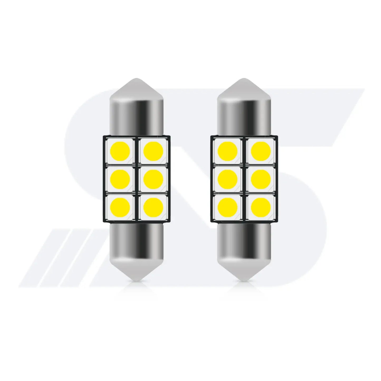 Pair of cold white LED bulbs, featuring 6 yellow diodes each, designed for automotive lighting.