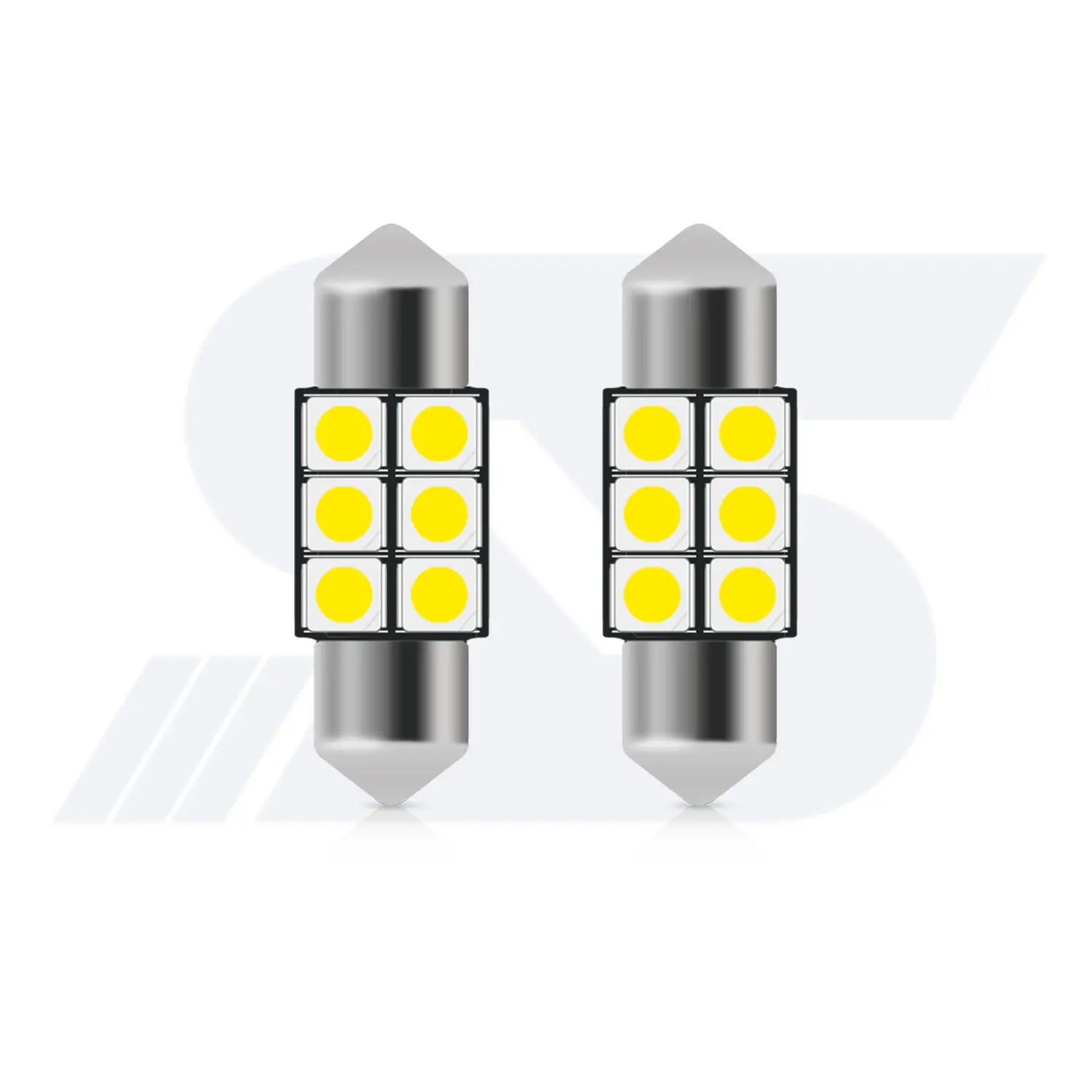 Pair of cold white LED bulbs, featuring 6 yellow diodes each, designed for automotive lighting.