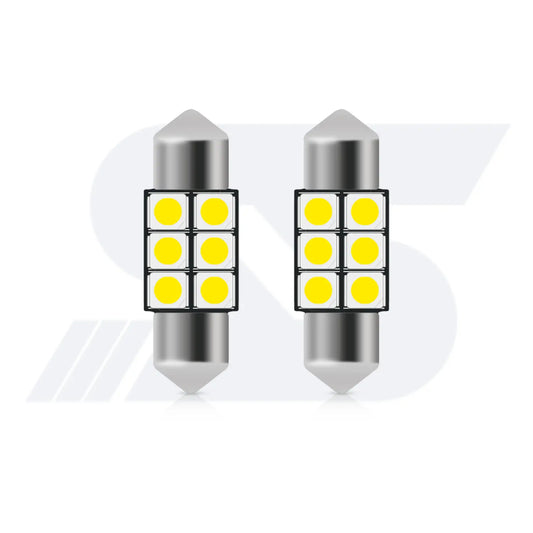 Pair of cold white LED bulbs, featuring 6 yellow diodes each, designed for automotive lighting.