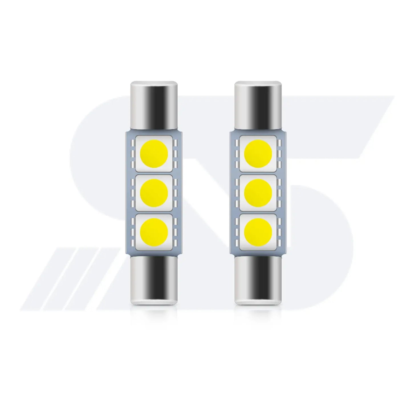 Two LED light bulbs with three yellow LED chips each, silver base, modern design, energy-efficient lighting solution.