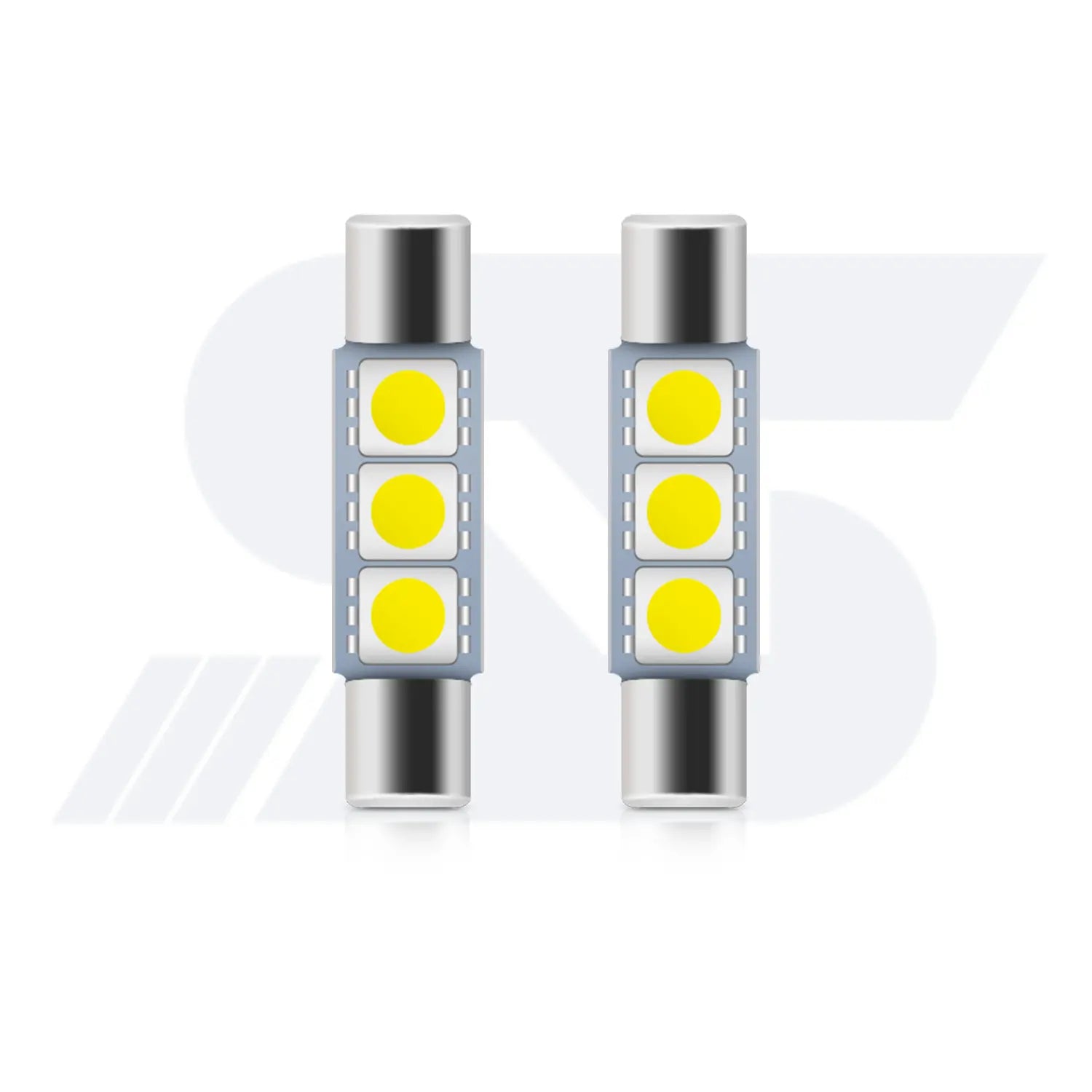 Two LED light bulbs with three yellow LED chips each, silver base, modern design, energy-efficient lighting solution.