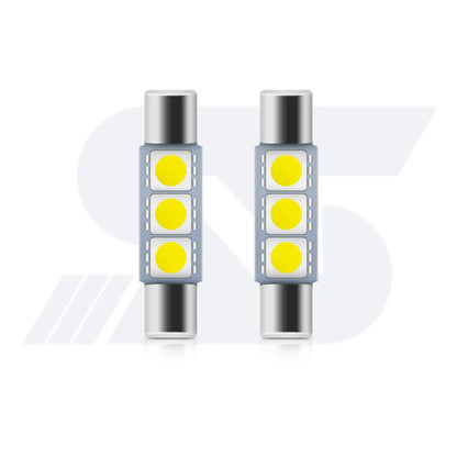 Two LED light bulbs with three yellow LED chips each, silver base, modern design, energy-efficient lighting solution.