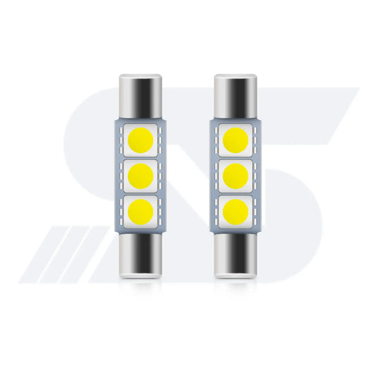Two LED light bulbs with three yellow LED chips each, silver base, modern design, energy-efficient lighting solution.