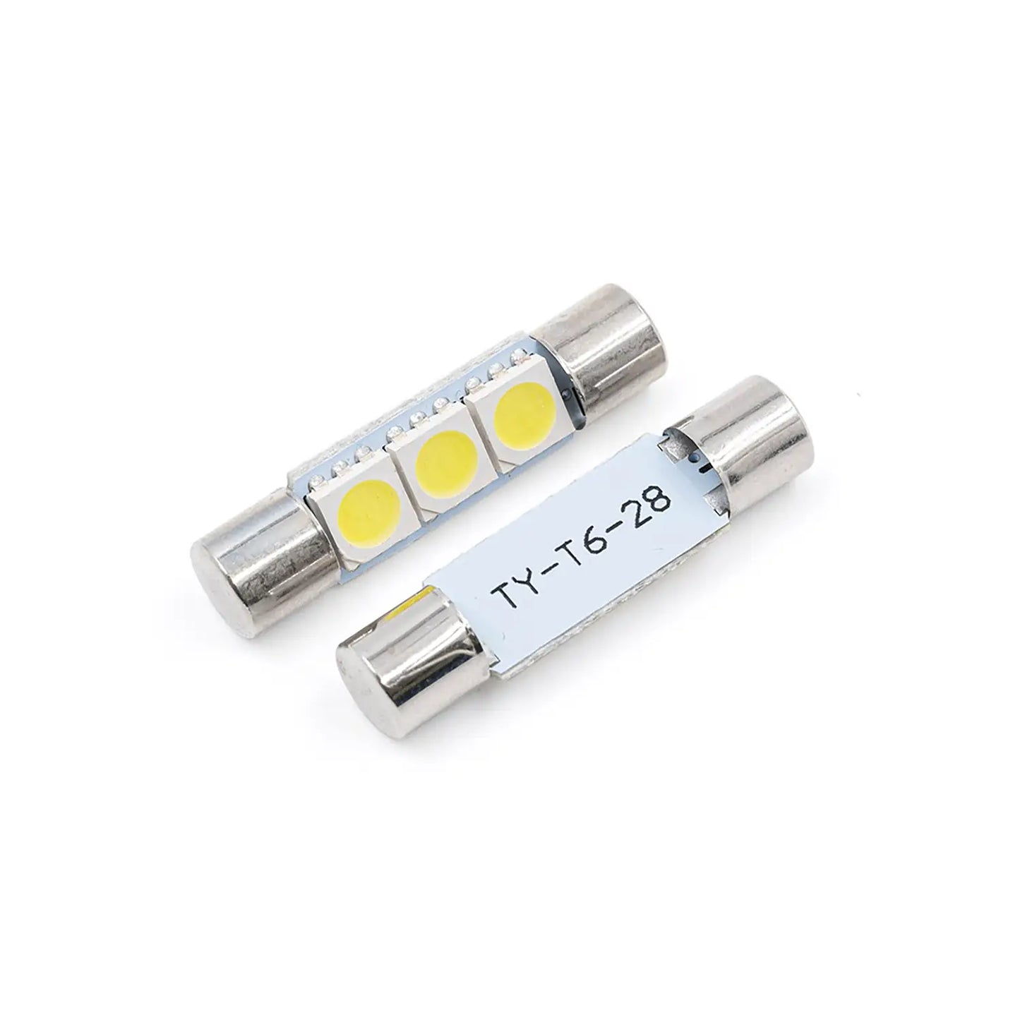 Two festoon LED bulbs, silver base, three yellow LED chips, compact design, energy-efficient, suitable for automotive or small appliances.