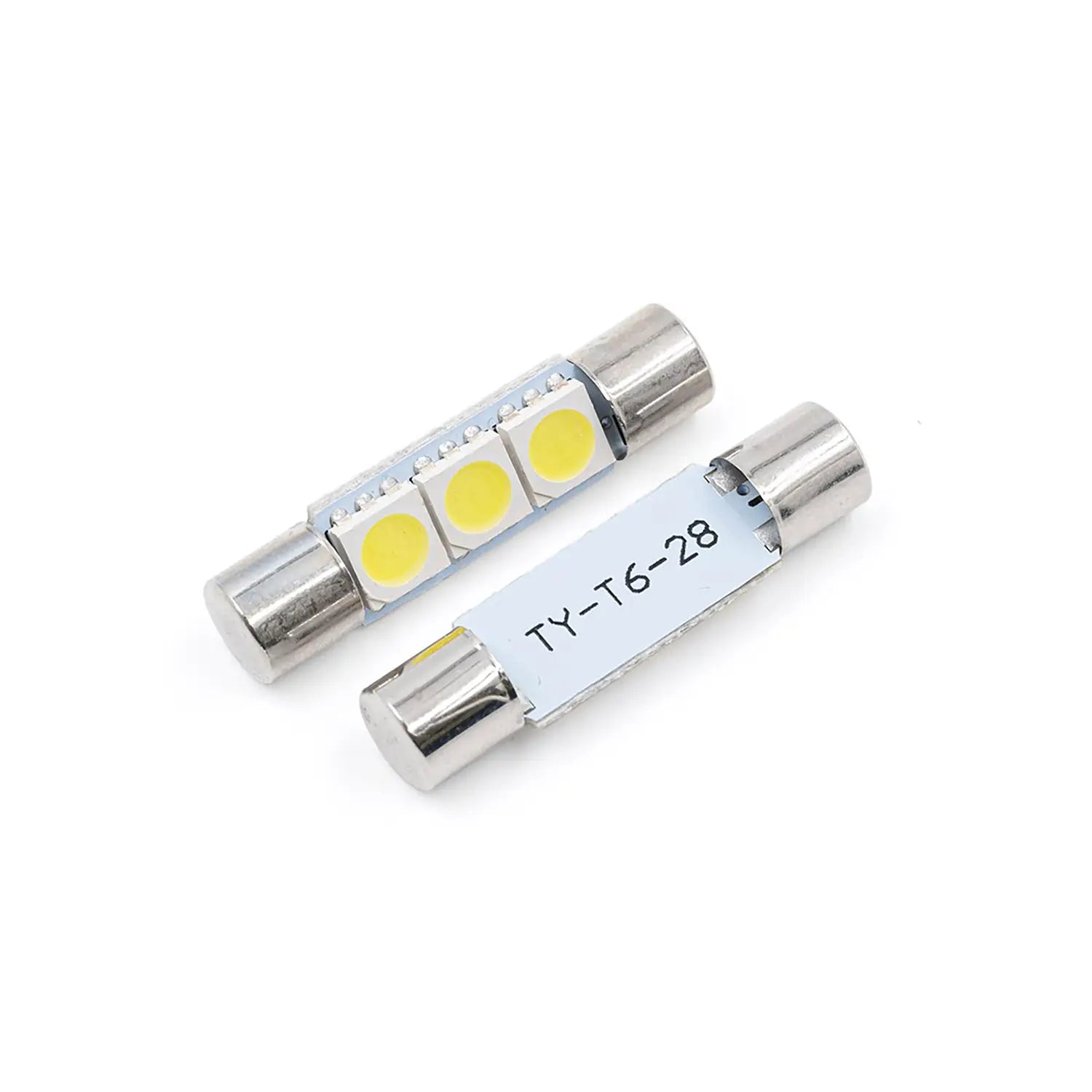Two festoon LED bulbs, silver base, three yellow LED chips, compact design, energy-efficient, suitable for automotive or small appliances.