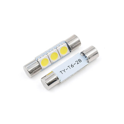 Two festoon LED bulbs, silver base, three yellow LED chips, compact design, energy-efficient, suitable for automotive or small appliances.